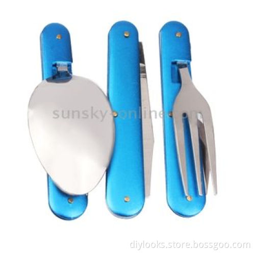 4-in-1 Stainless Steel Travel/Camping Folding Cutlery Set, Spoon + Fork + Knife + Bottle Opener Set